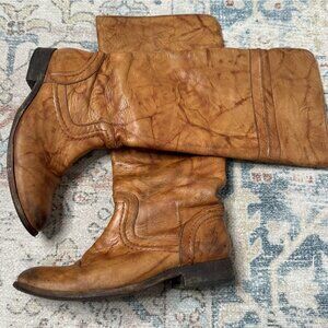 Frye Melissa Trapunto Pull On Riding Boots US 6.5 B Marbled Leather Tan Brown